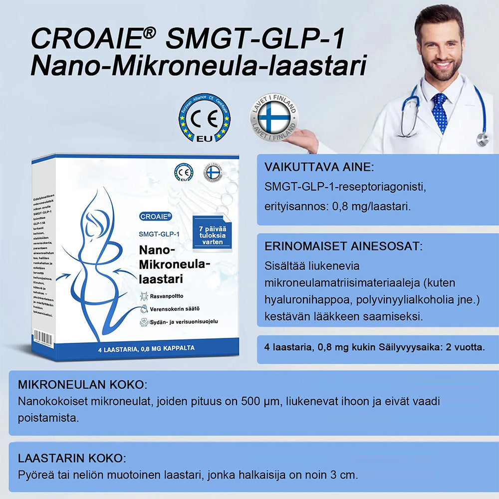 [7 Päivää, tulokset näkyvissä] 🇫🇮 CROAIE® SMGT-GLP-1 Nano-neulaplästeri (Kivuton, pitkäkestoinen, diabetekseen, liikalihavuuteen ja sydän- ja verisuonitauteihin)💥
